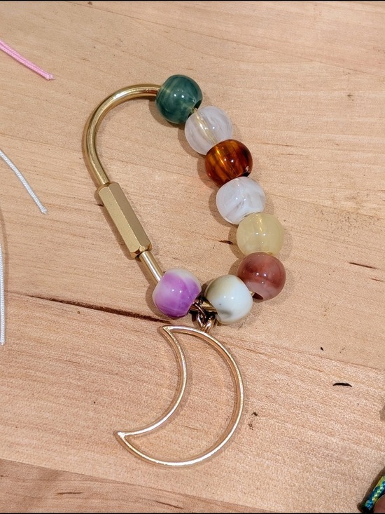 Handmade Accessories - Gold Crescent Moon Beaded Keyring Multicolor Glass Beads